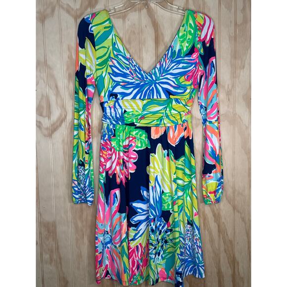 Lilly Pulitzer Fleur Dress XS Travelers Palm V-Neck Long Sleeve Fit and Flare - Picture 5 of 8